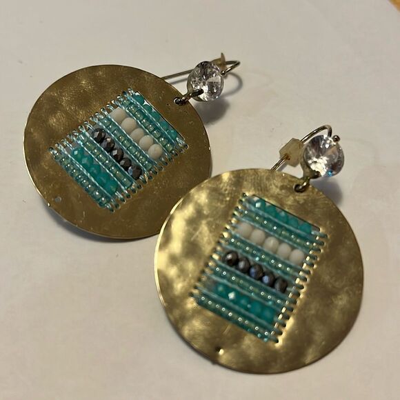 Hammered gold tone earrings crystal beads & clear stone holiday gifts for her - Picture 2 of 5